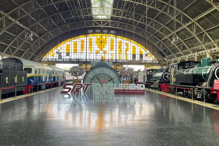 A large railway shed at Hua Lamphong station, Bangkok, holding the Thai Railway Museum's locomotive collection.